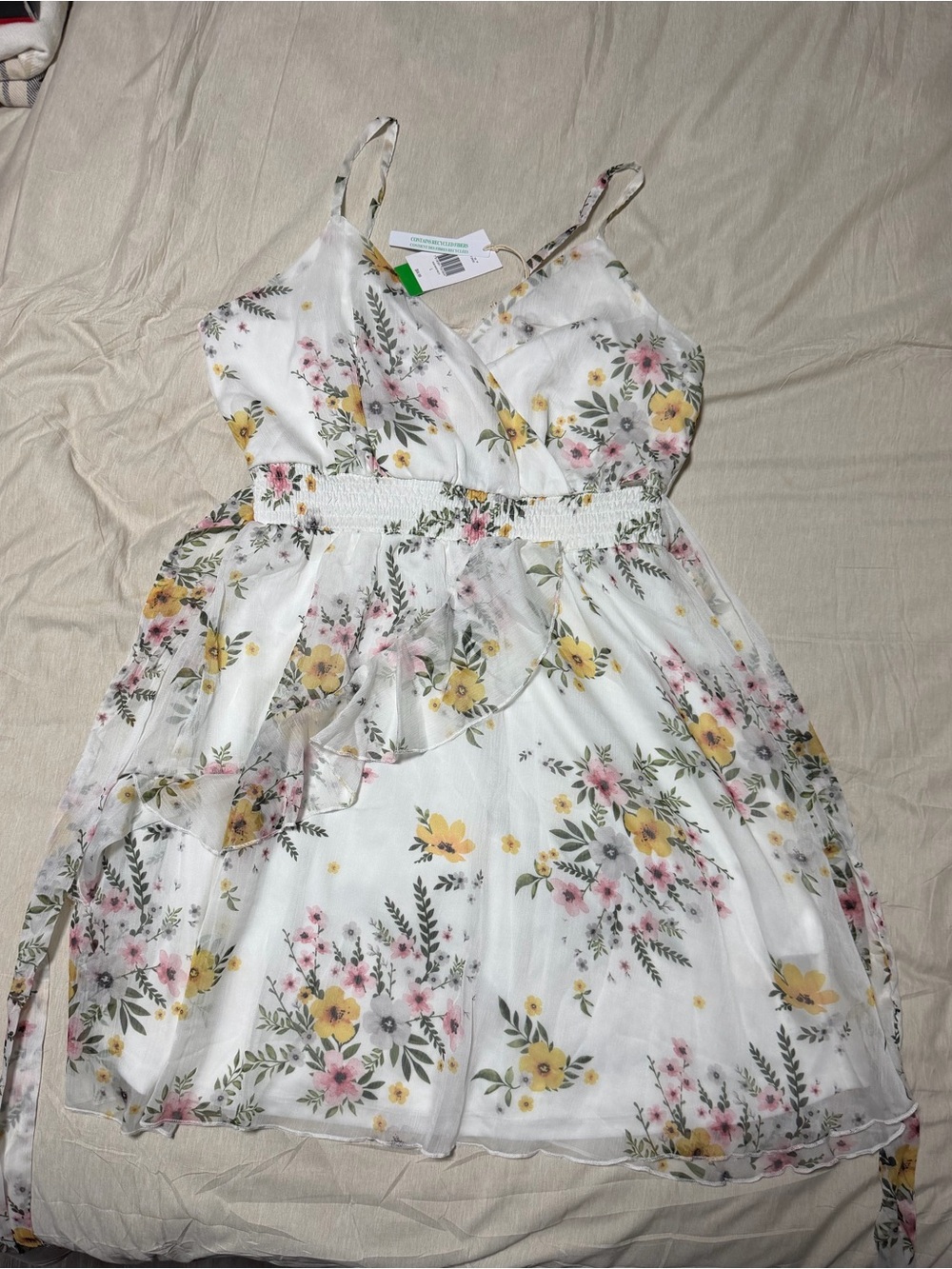 GUESS Eco Maneka Floral Chiffon Ruffle Mini Dress NWT Pure White Multi - Size L